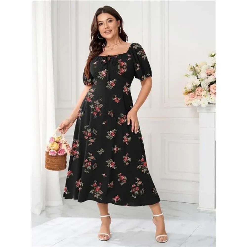 Women's Plus Size Summer Dress Short Sleeve Square Neck Milkmaid Maxi Long Dress_4